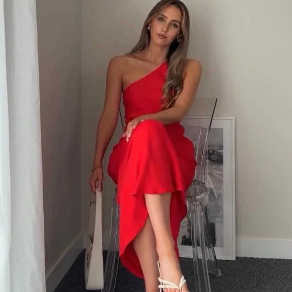 ZARA ASYMMETRIC SATIN EFFECT MIDI DRESS RED XS - Picture 6 of 16